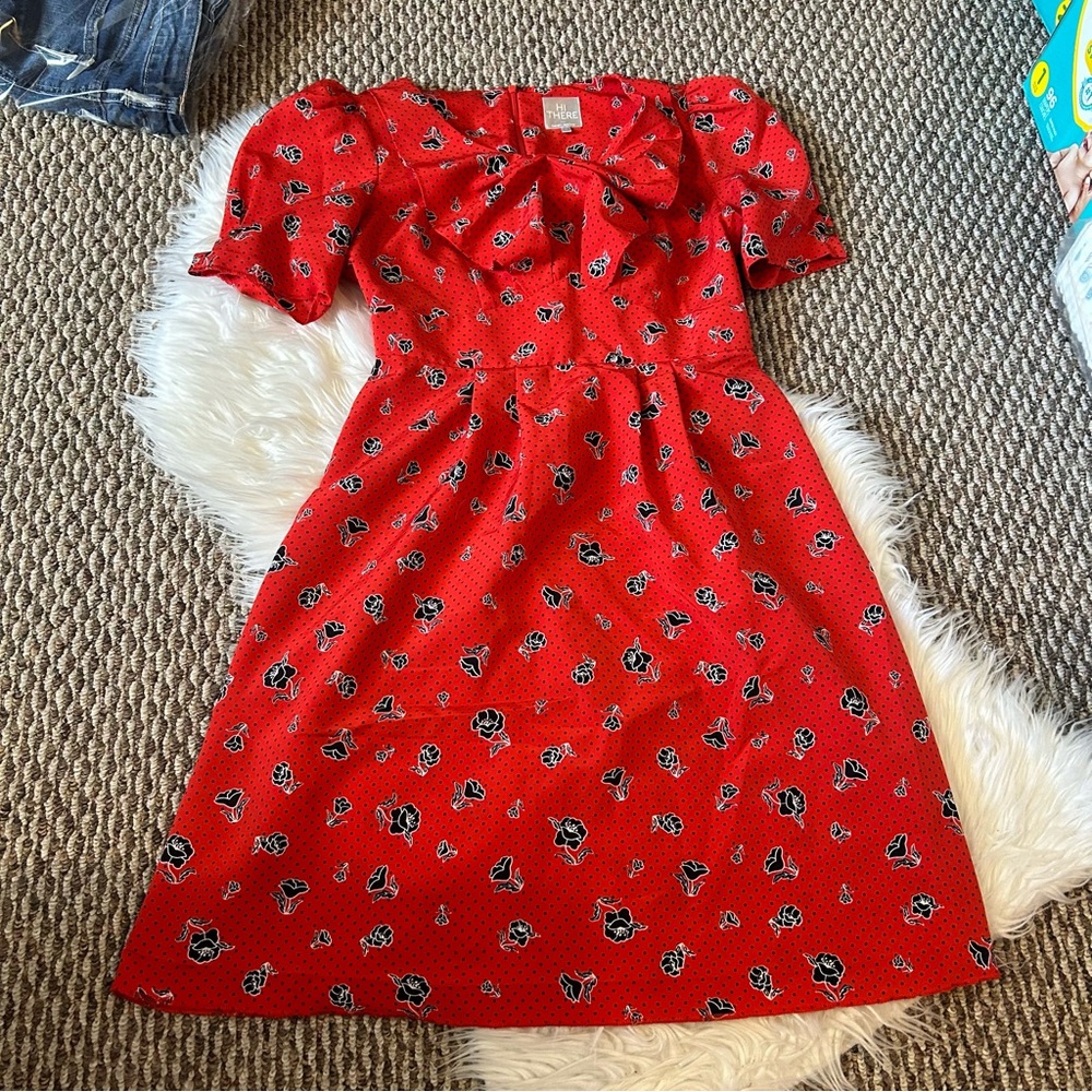 Hi There Retro Ruffle Red Black Floral Dress Size 6